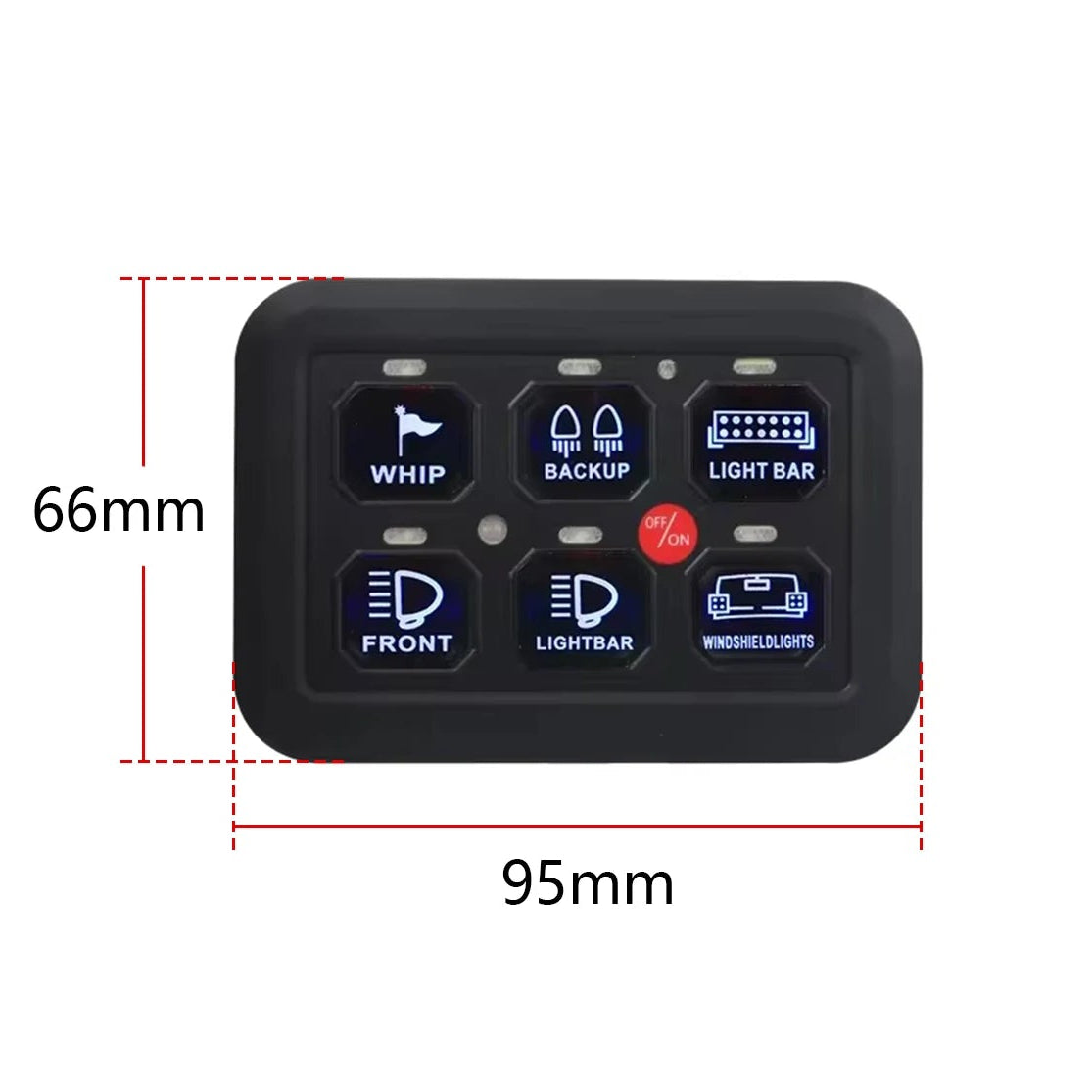 6-Gang Touch Switch Panel dimensions: 95 mm wide by 66 mm high, with blue backlit switches