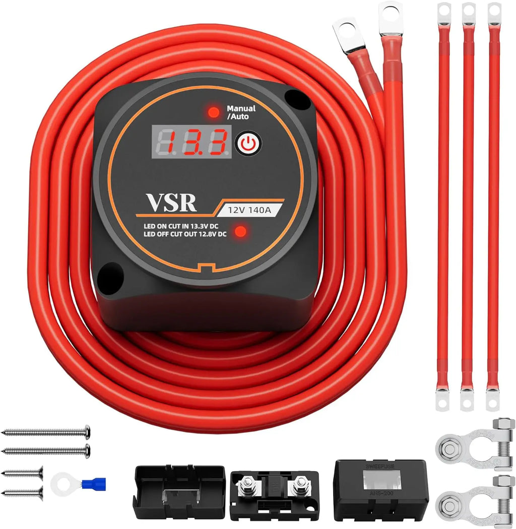 Dual Battery Isolator Kit with 12V 140A VSR, red battery cables, MIDI fuse holders, battery terminals and mounting screws