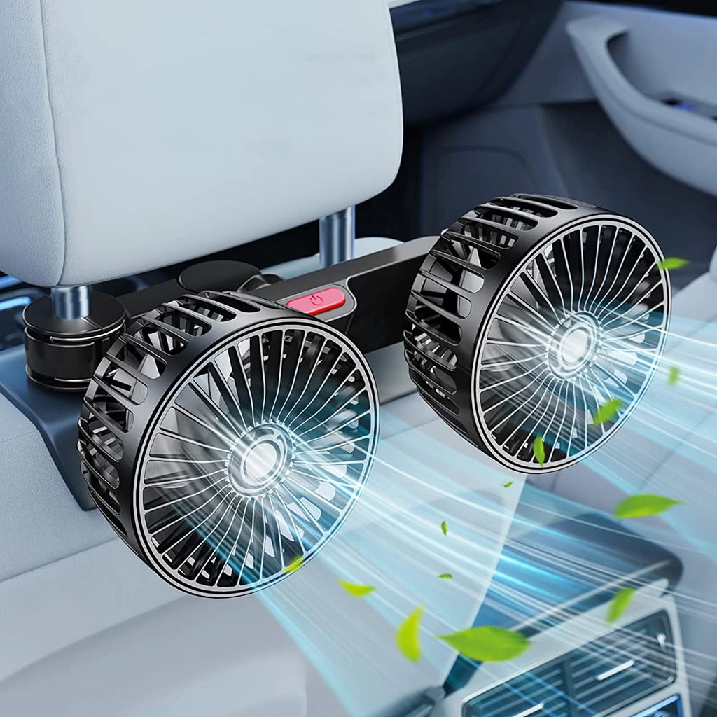 Dual-Head Headrest Cooling Fan mounted on a car headrest blowing cool air across the rear cabin, red power button visible