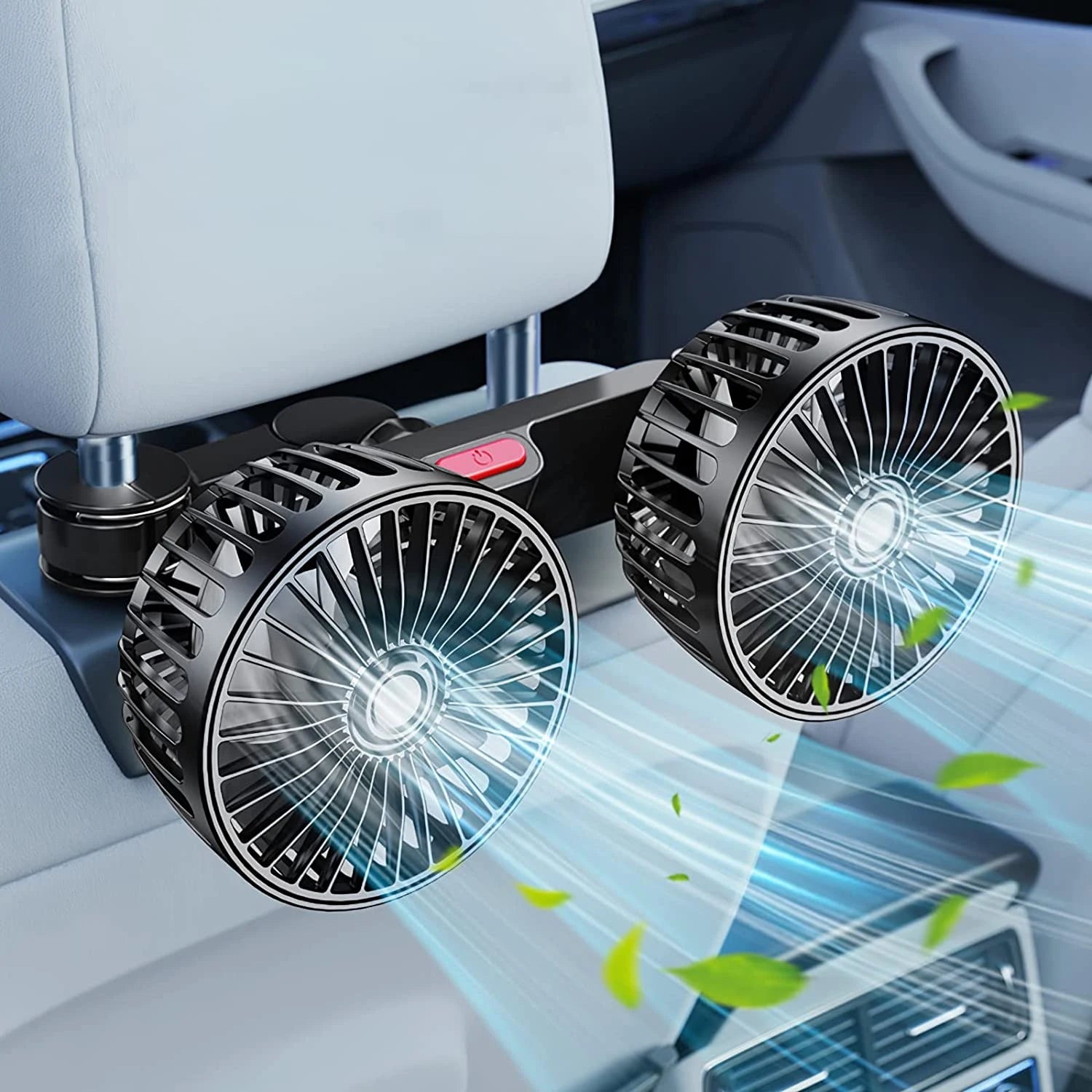 Dual-Head Headrest Cooling Fan mounted on a car headrest blowing cool air across the rear cabin, red power button visible