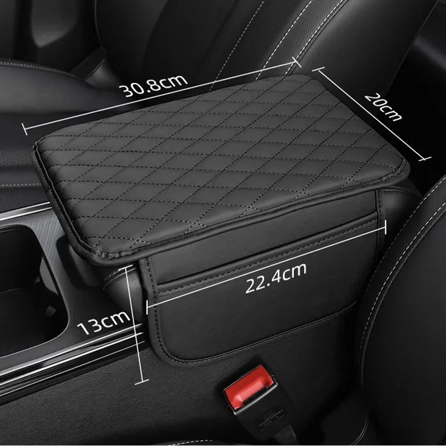 Black Padded Car Armrest Organiser fitted to car centre console showing diamond-quilted leather cushion and side storage pocket