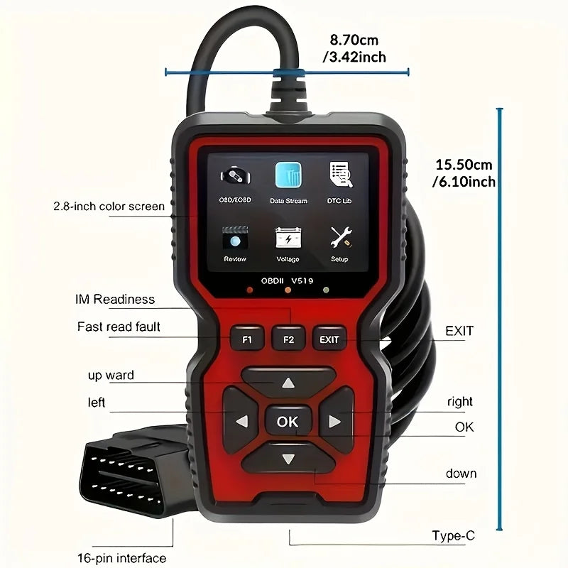 OBD2 Code Reader dimension schematic showing device length and width measurements