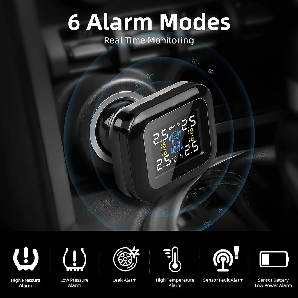 Plug-In Tyre Pressure Monitor in a car socket with icons for six alarms: high pressure, low pressure, leak, high temperature, sensor fault and low sensor battery