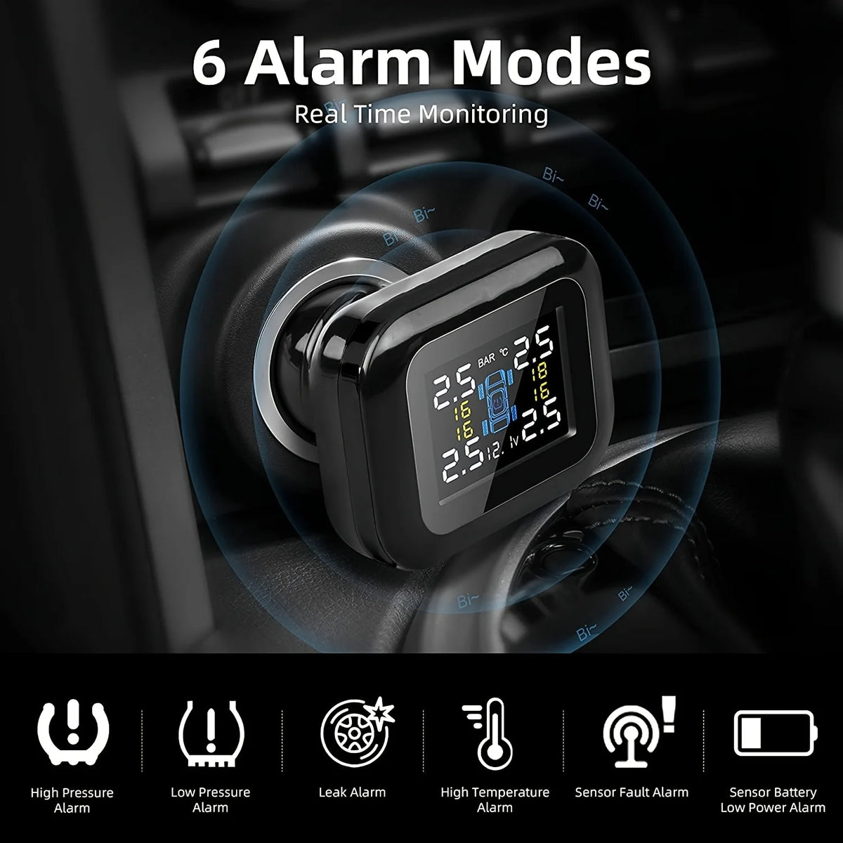 Plug-In Tyre Pressure Monitor in a car socket with icons for six alarms: high pressure, low pressure, leak, high temperature, sensor fault and low sensor battery