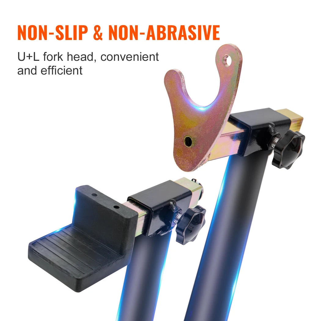 Close-up of the Heavy-Duty Paddock Stand's non-slip, non-abrasive U and L fork head adapters