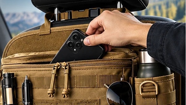 A tan car seat organizer bag mounted on a headrest inside a vehicle, shown with a hand reaching into a zip pocket. The image includes feature callouts and close-up inset panels highlighting zippers, storage, and durable fabric.