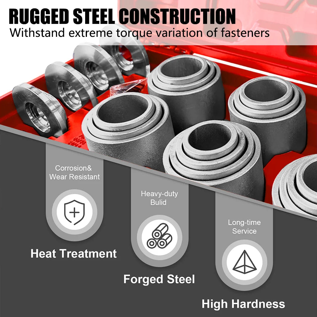 Close-up of the Bush Removal Tool Kit's forged steel sleeves with heat treatment, corrosion resistance and high hardness icons for rugged steel construction