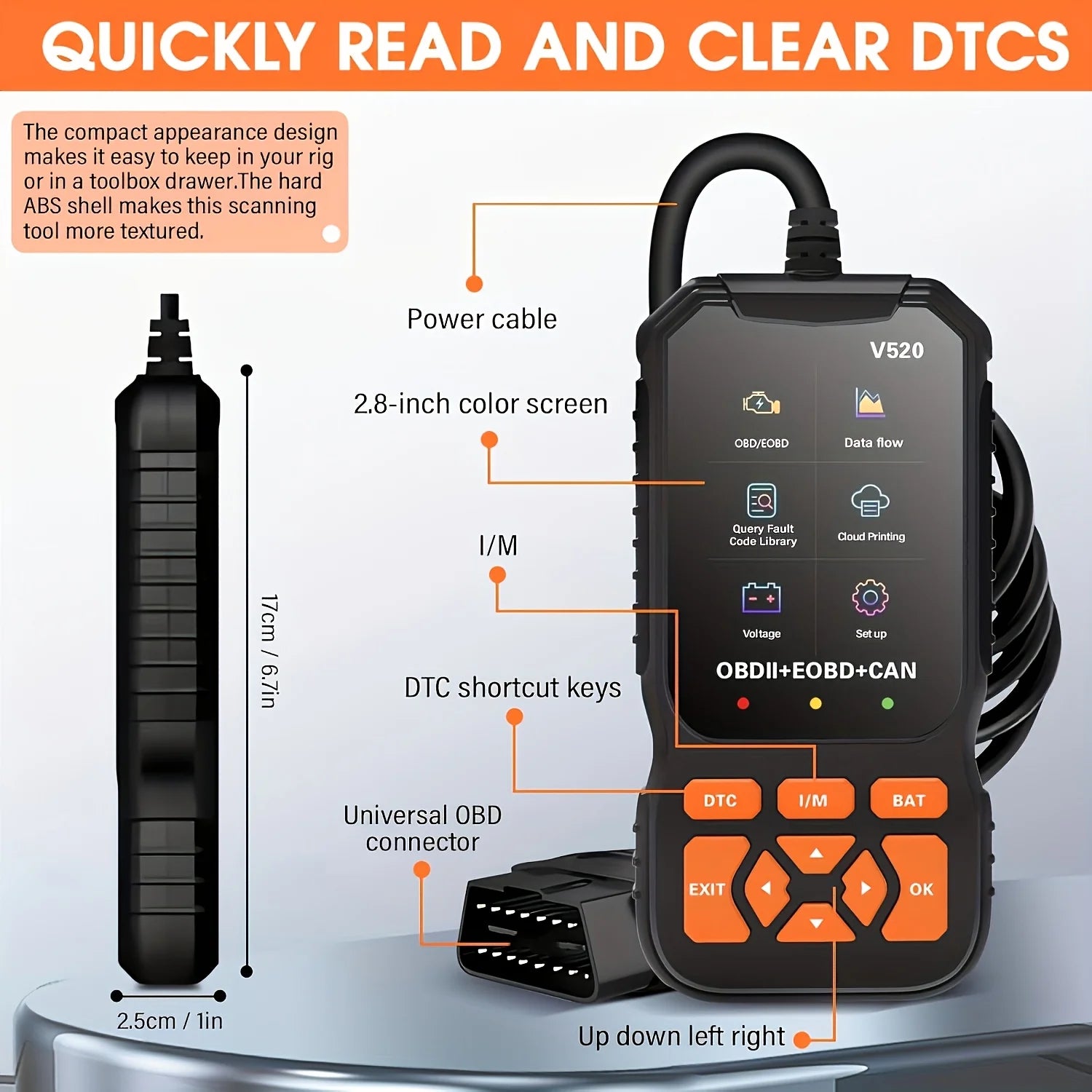 Advanced OBD2 Scanner infographic showing quick read and clear DTC function with device and car icon