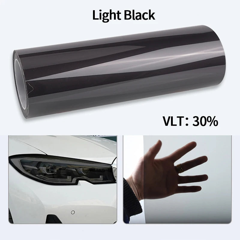 Roll of headlight PPF wrap film in Stealth Smoked Light Black, rated VLT 30 percent, shown on a white background with a hand-applied swatch on a headlight.
