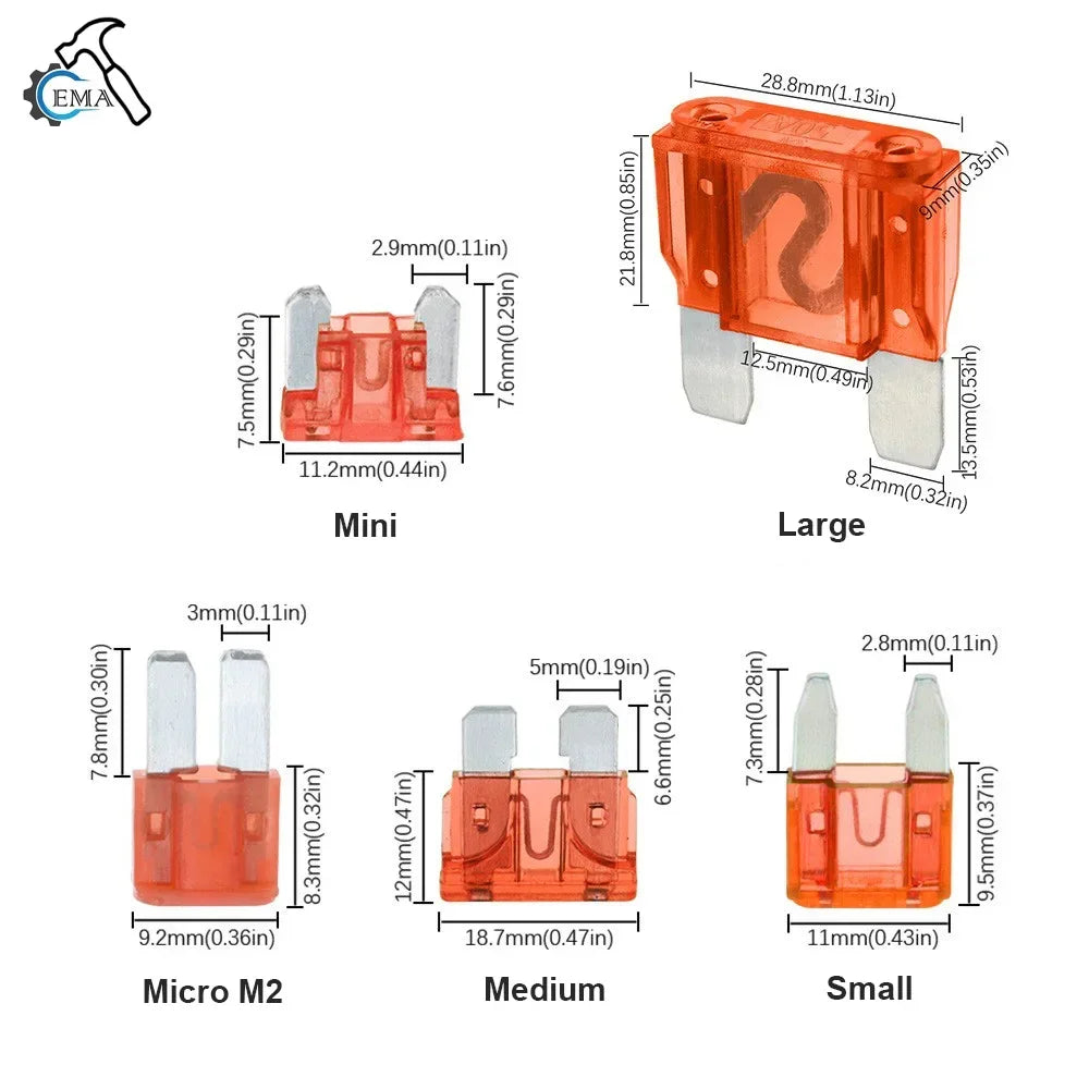 Automotive blade fuse size comparison chart showing Mini, Large, Micro2, Medium and Small fuse types included in the kit.
