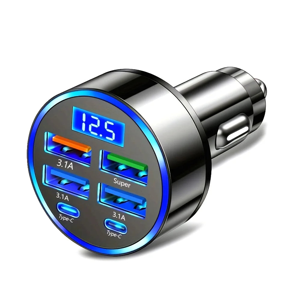 6-port fast charging USB car charger with digital voltage display on a white background