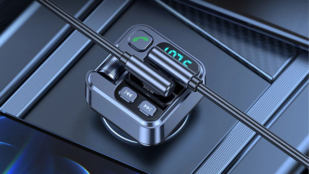 Bluetooth car kit with dual USB interface on a dark background