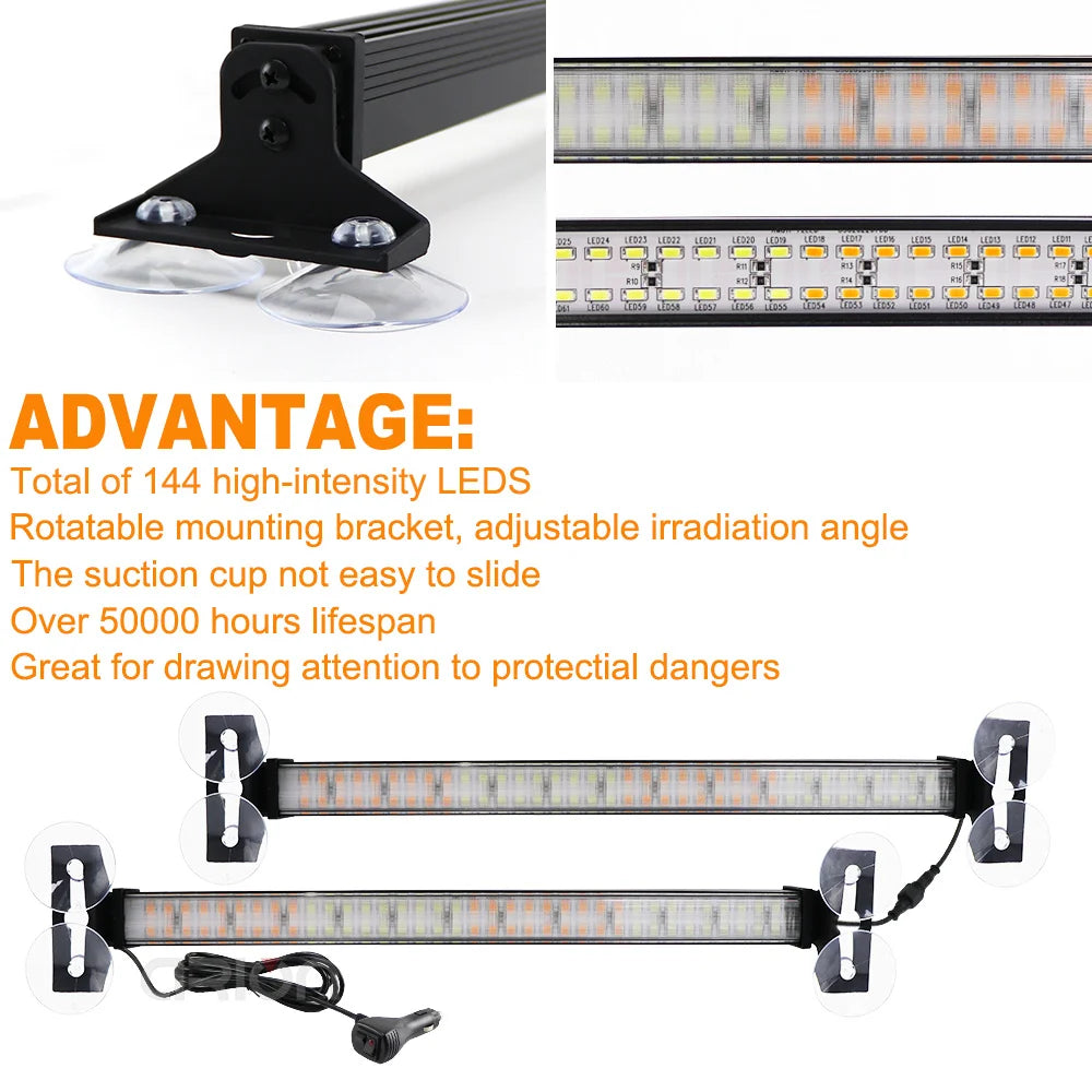 Amber LED Strobe Light Bar close-up of the rotatable suction cup mounting bracket and dual-row LED strip