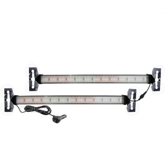 Pair of Amber LED Strobe Light Bars with suction cup brackets and vehicle cigarette lighter plug cable on a white background