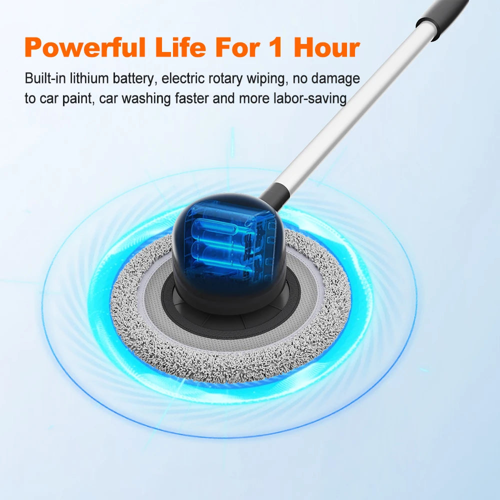 Electric Rotating Wash Mop head with built-in lithium battery offering powerful 1 hour battery life for electric rotary car washing without damaging paint