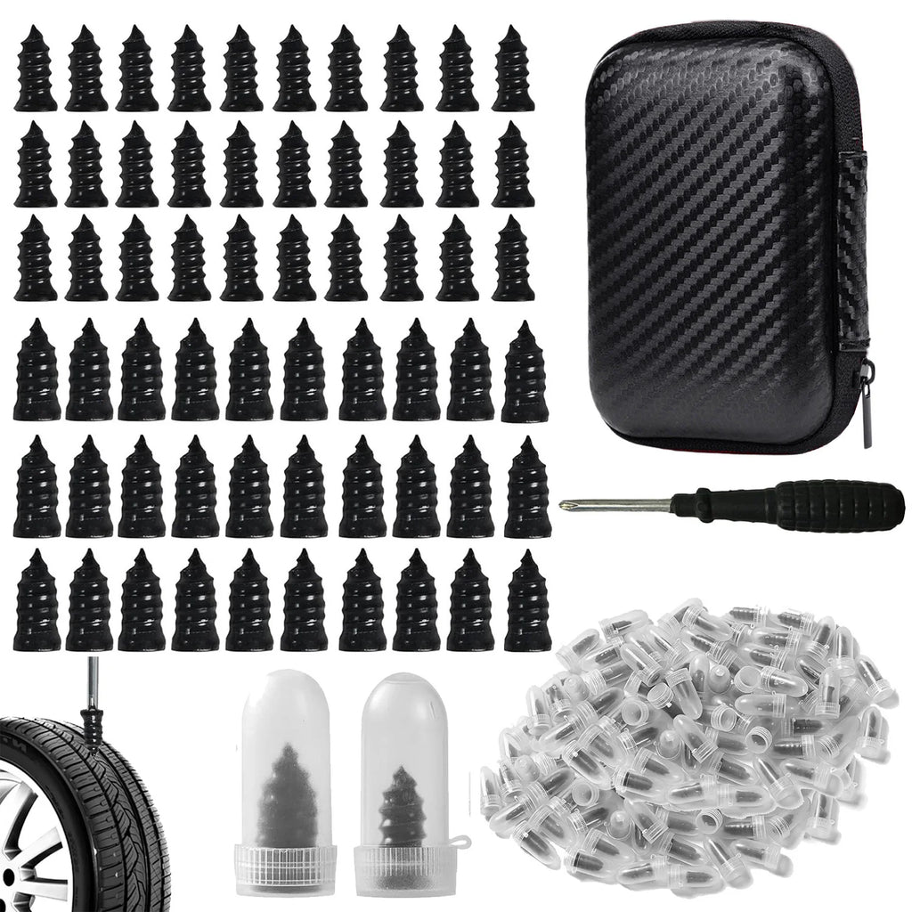 Spiral Tyre Repair Plugs complete kit on a white background with rubber plugs, carry case, insertion tool and refill capsules