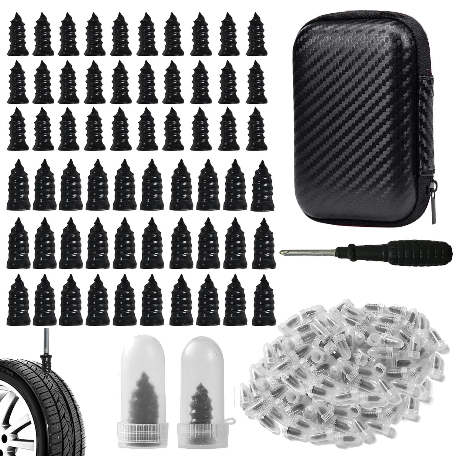 Spiral Tyre Repair Plugs complete kit on a white background with rubber plugs, carry case, insertion tool and refill capsules