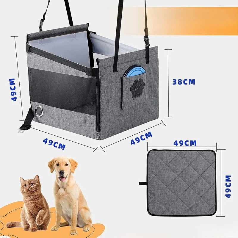 Grey portable pet car seat with dimensions 49cm by 49cm by 38cm, shown with a removable quilted mat