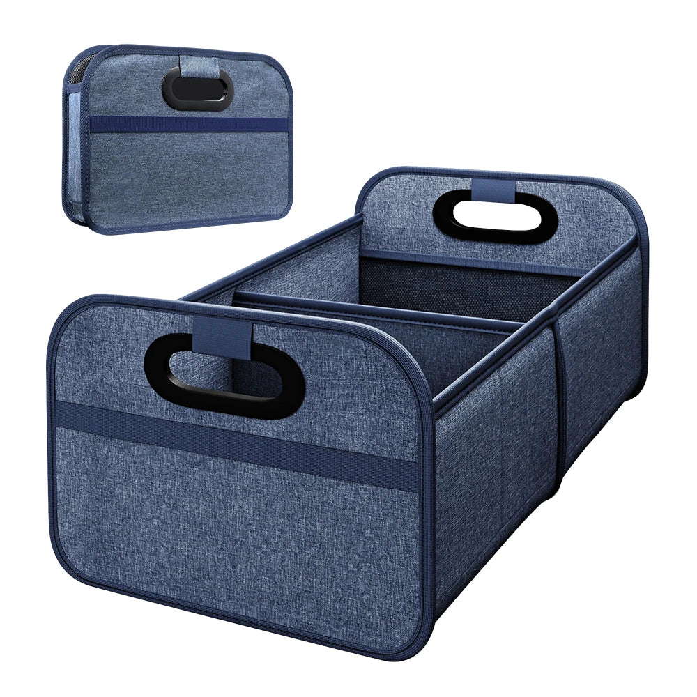 Navy blue foldable SUV trunk organiser with reinforced compartments and padded carry handles