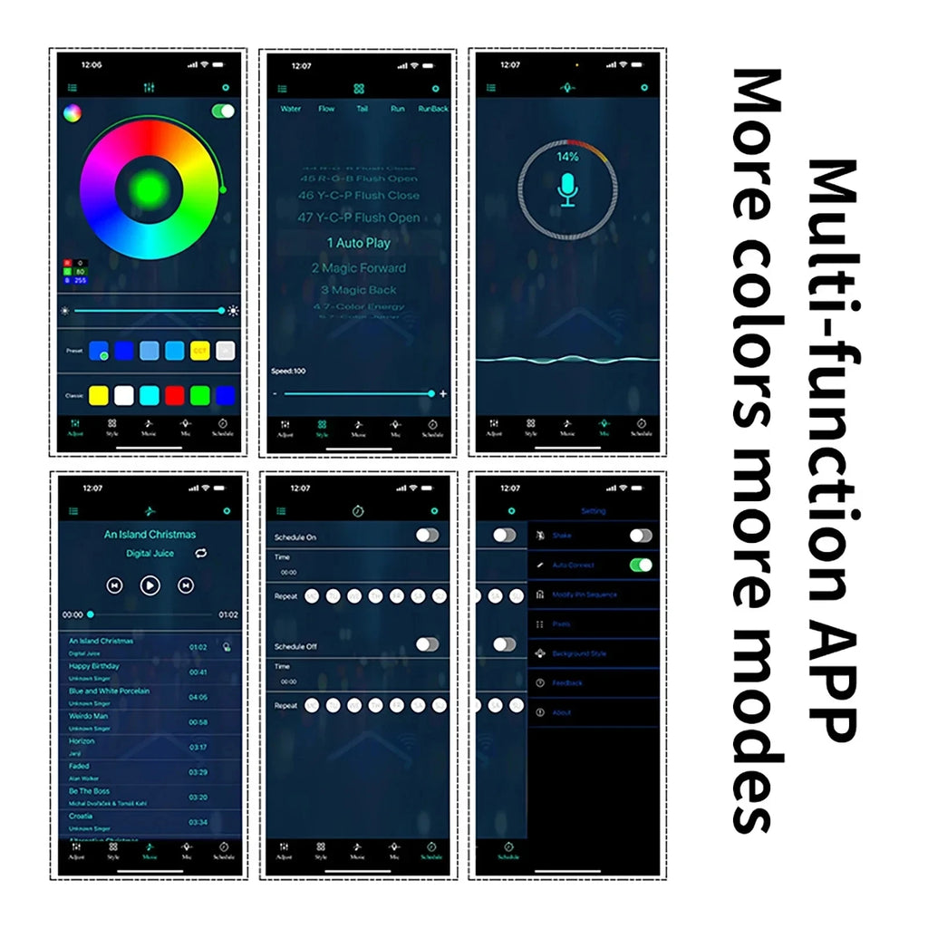 Smartphone app screens for the RGB Car Ambient Light Strip showing multiple colour modes and functions