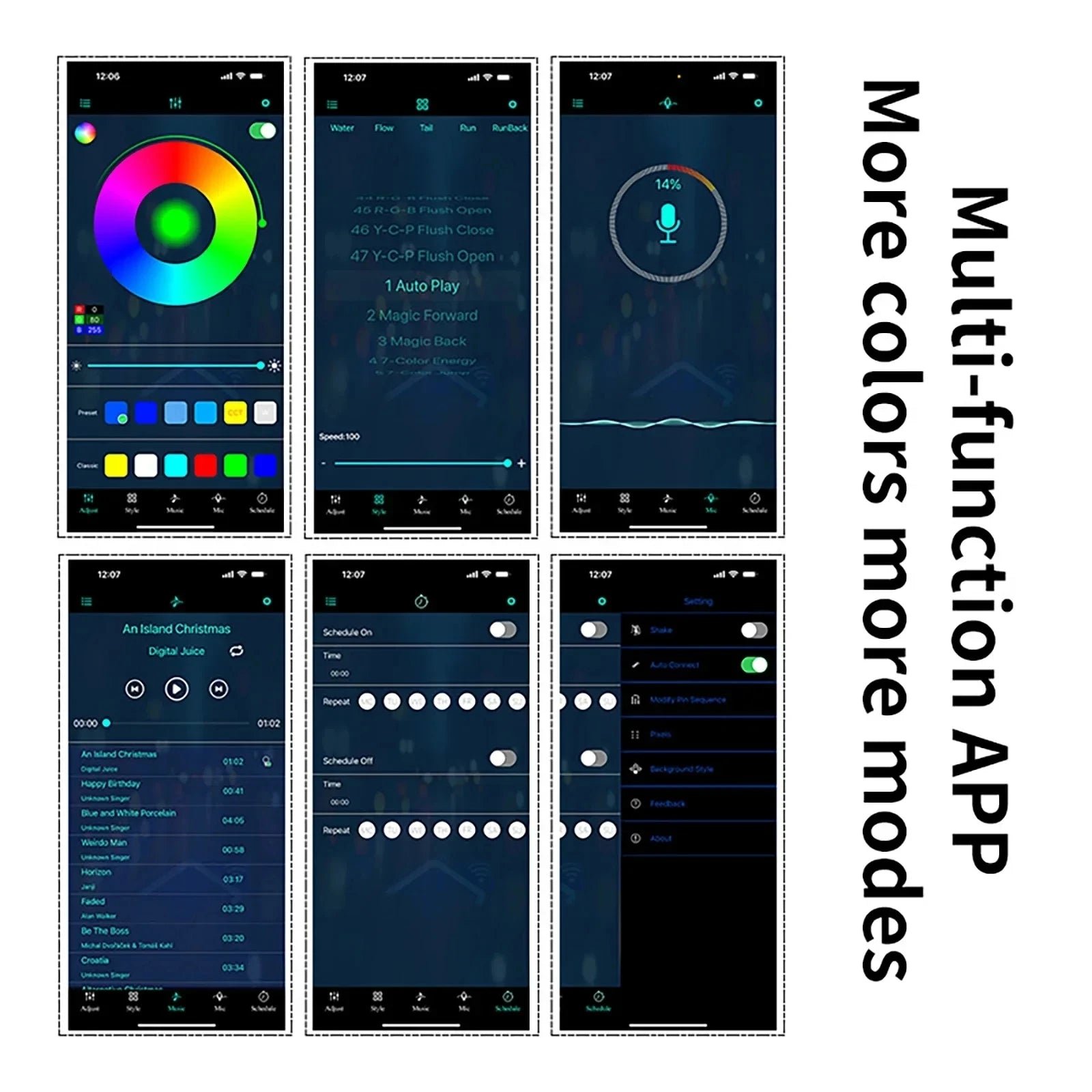 Smartphone app screens for the RGB Car Ambient Light Strip showing multiple colour modes and functions