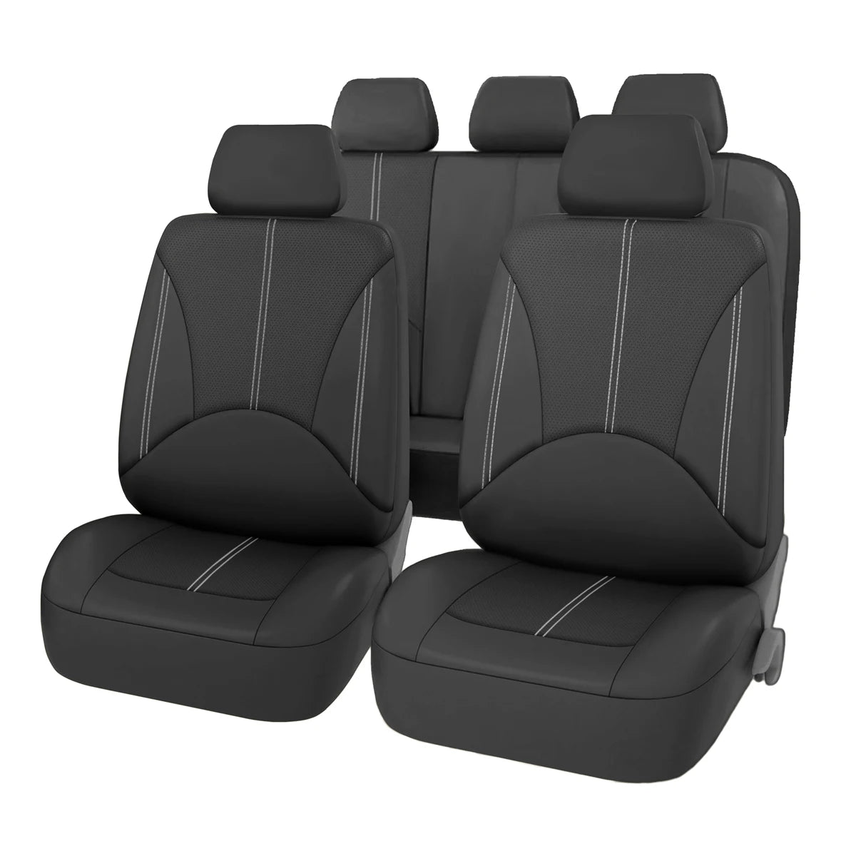 Universal Seat Cover Set in black PU leather shown as complete nine-piece front and rear bench seat cover with matching headrest covers