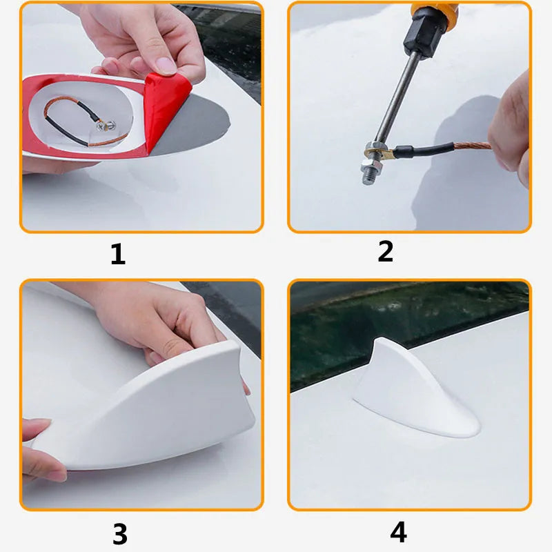 Four step installation guide for fitting Shark Fin Antenna Cover to car roof