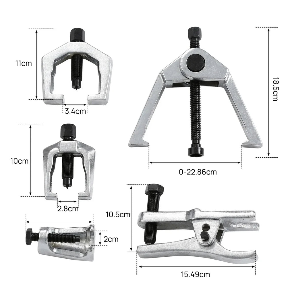 Dimension diagram of four Front End Puller Kit pullers with jaw spread and length measurements in centimetres, white background.