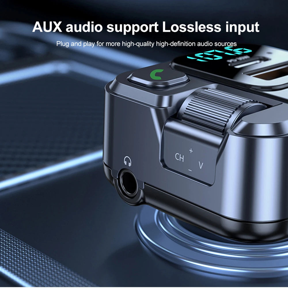 Close-up of the Fast-Charge Bluetooth FM Transmitter 3.5 mm AUX input with channel and volume controls