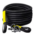 Recovery Tow Rope coiled in black woven cord with yellow protective sleeves and two steel D-shackles on a white background
