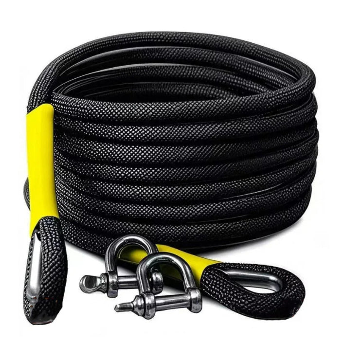Recovery Tow Rope coiled in black woven cord with yellow protective sleeves and two steel D-shackles on a white background