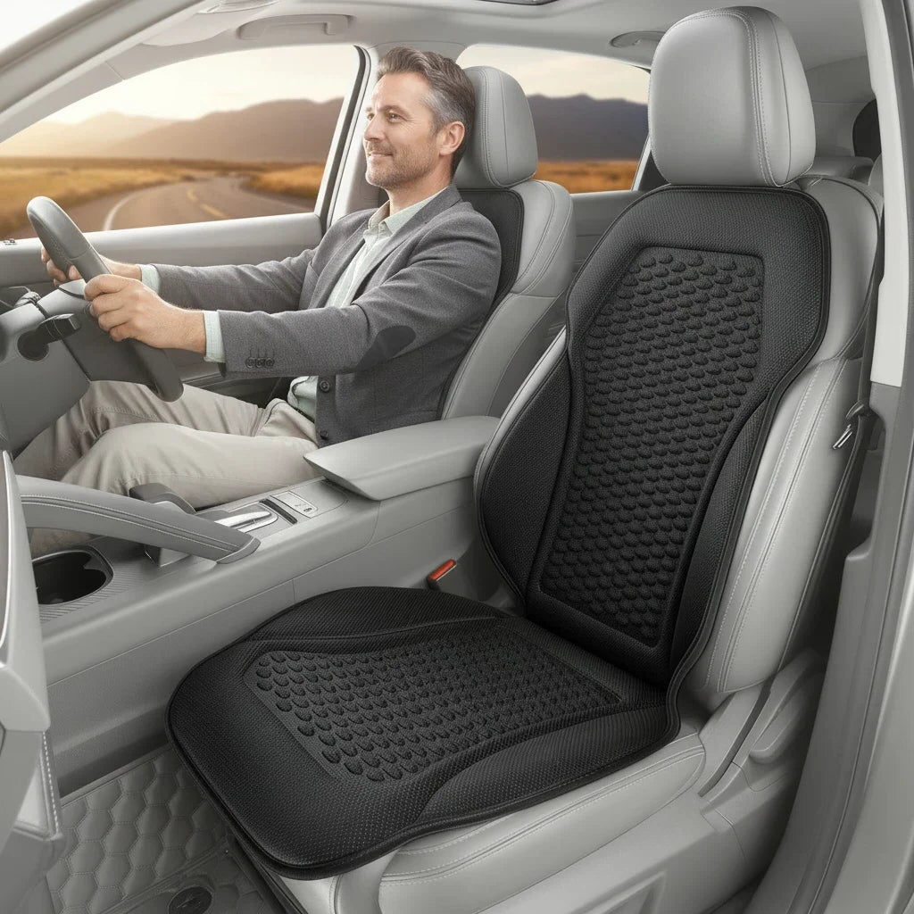 Man driving on a road trip with the Ice-Silk Seat Cushion fitted to his car seat