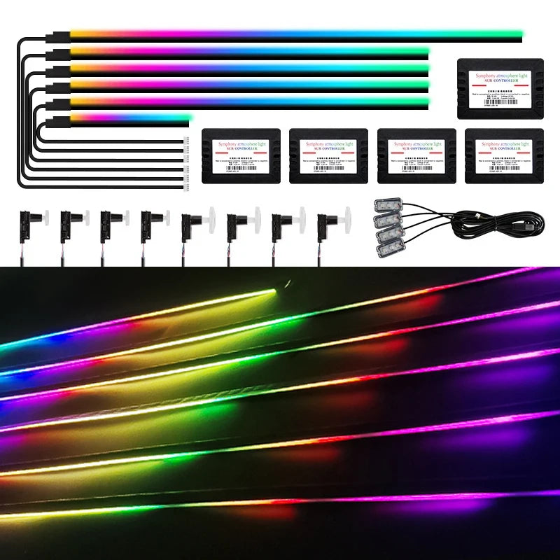 Symphony Ambient Lighting Suite LED strips, main and sub controllers, door lamps and footwell lights glowing multicolour