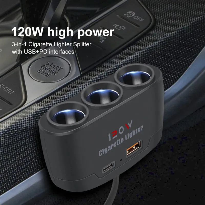 Multi-Port Car Charger Hub delivering 120W high-power fast charging on a car dashboard