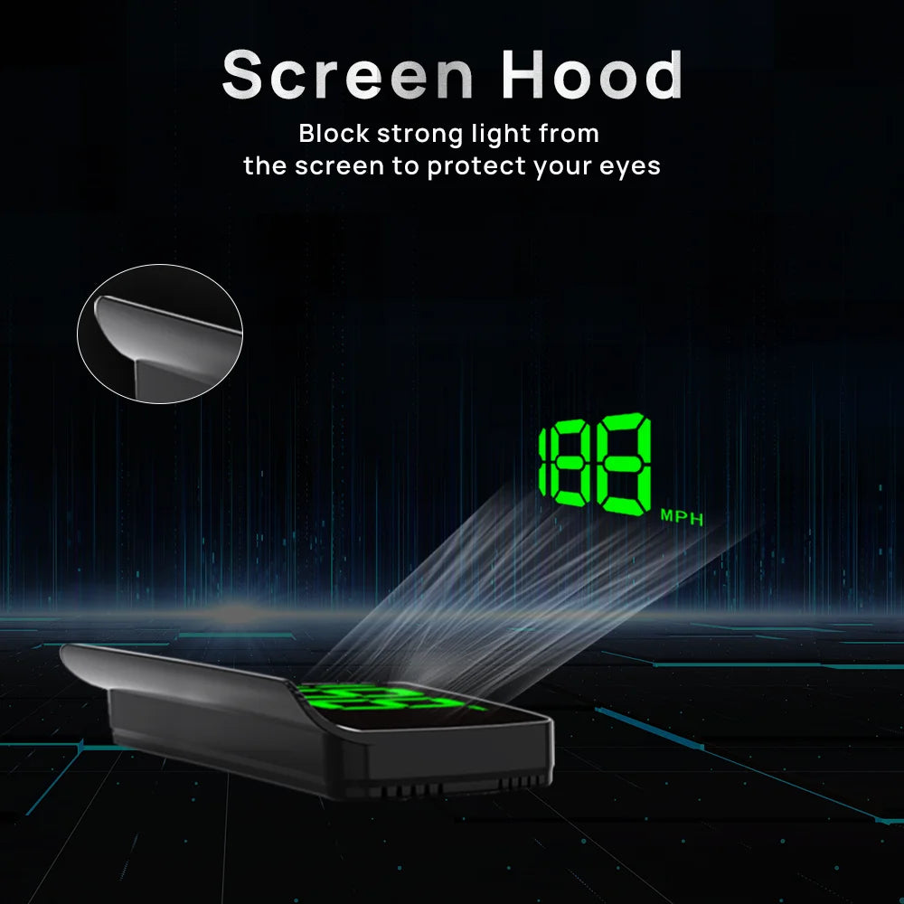Close-up of the HD Head-Up Display's anti-glare screen hood shading the digital readout from sunlight