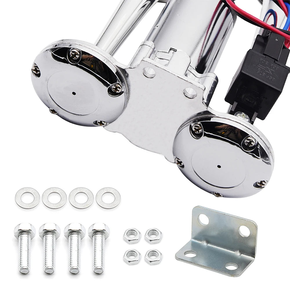 Close-up of dual trumpet air horn mounting bracket, nuts, bolts and washers