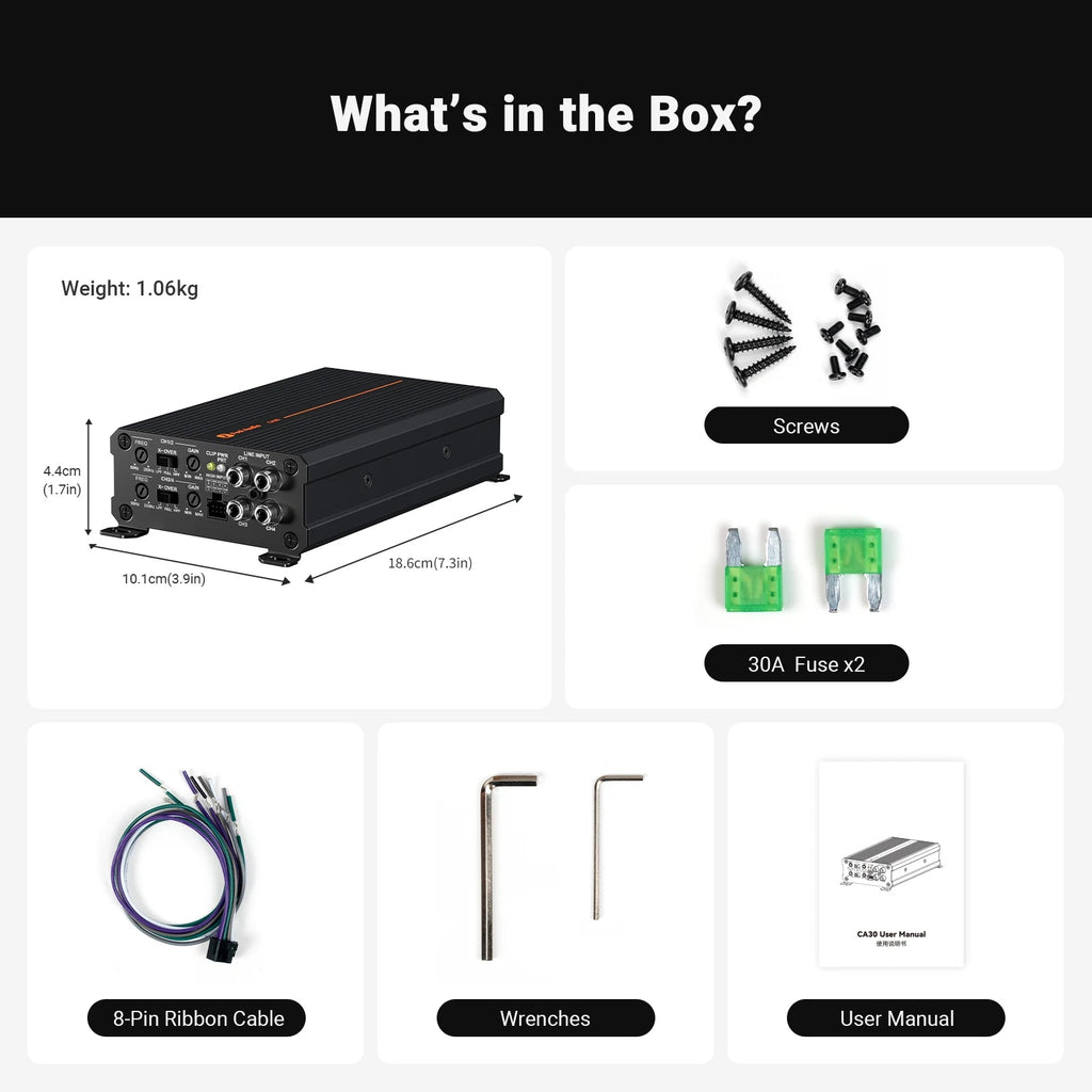 Compact Class D Amplifier package contents including screws, fuses, ribbon cable and manual