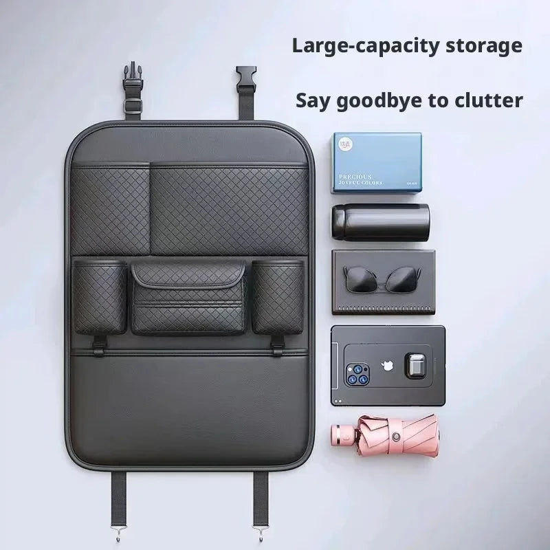 Multi-Pocket Car Backseat Organiser flat lay with tissue box, flask, sunglasses, phone and umbrella for large capacity storage
