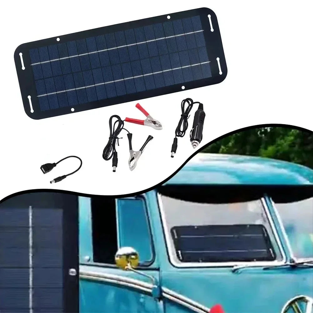 Solar battery trickle charger with accessories on a white background transitioning to a photo of the panel mounted on a campervan windscreen