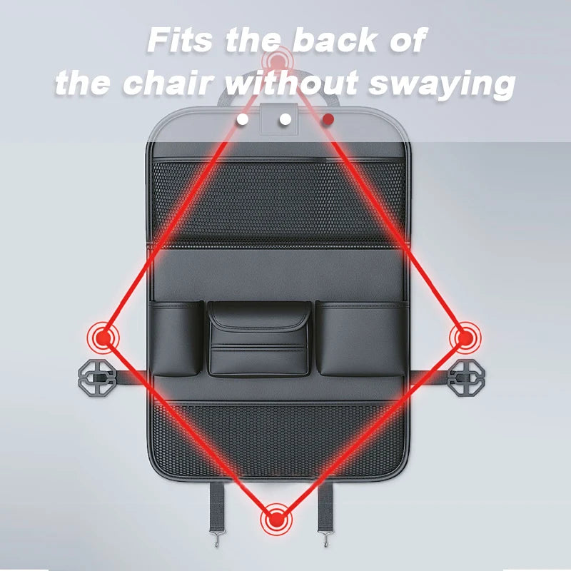 PU Leather Car Backseat Organiser diagram illustrating four point fixing straps that stop it swaying against the seat