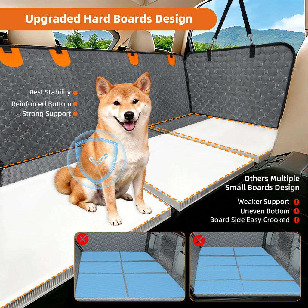 Shiba inu sitting on the Washable Dog Seat Extender showing its full-width hard board base compared with multi-panel boards