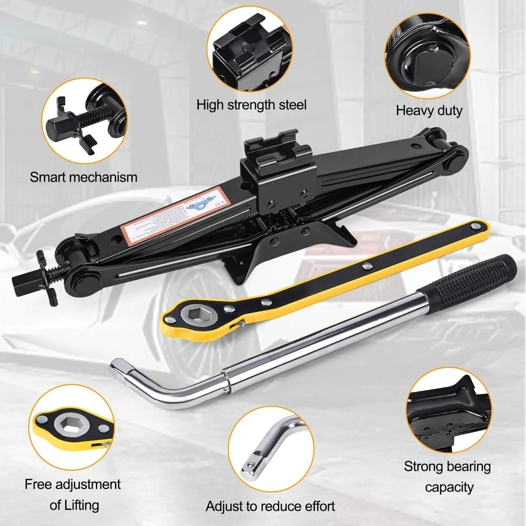 Scissor Jack Emergency Kit feature callouts showing smart mechanism, high strength steel and heavy duty construction