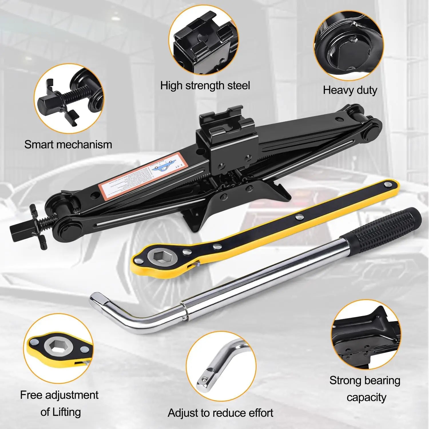 Scissor Jack Emergency Kit feature callouts showing smart mechanism, high strength steel and heavy duty construction