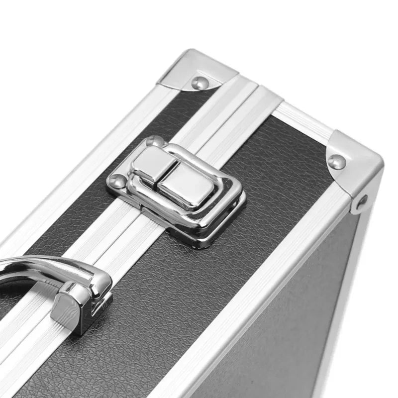 Macro close-up of the Rugged Aluminium Tool Case's reinforced corner, latch and carry handle mount
