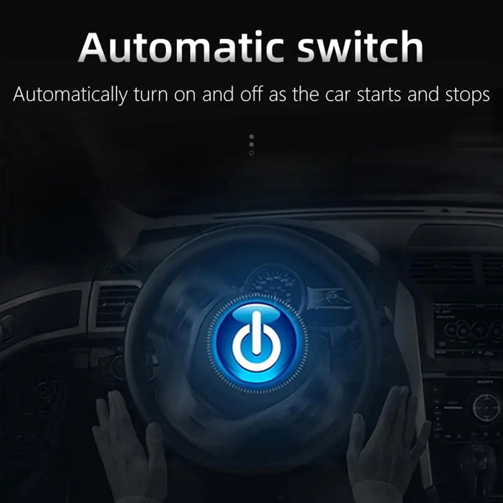 Compact OBD2 Head-Up Display automatic power on and off feature illustrated with a glowing power icon over a car steering wheel