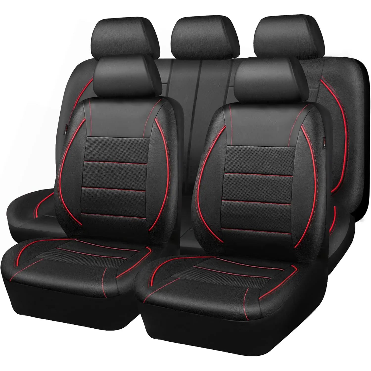 Black Leather Car Seat Covers with red trim stitching on clean white background