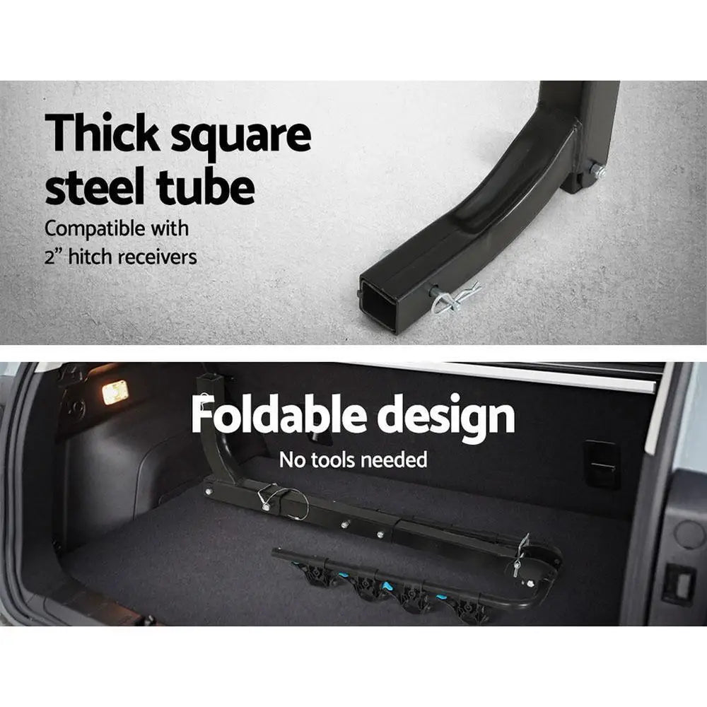 Thick square steel tube of the Foldable 4-Bike Hitch Rack for 2 inch hitch receivers, shown folded flat in a car boot
