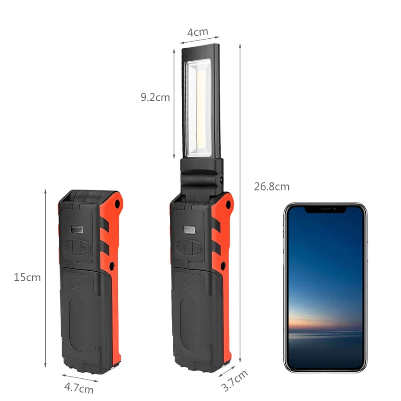 Rechargeable COB Work Light held in hand, side profile