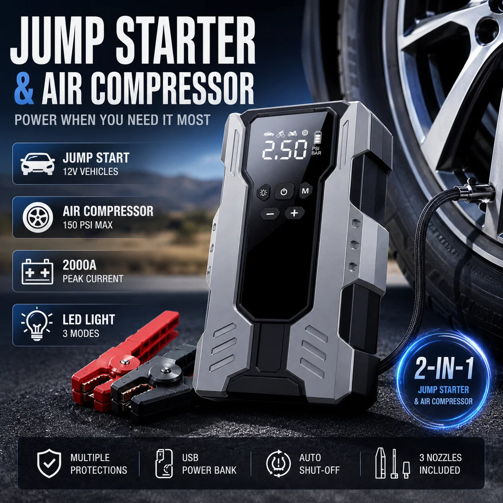 A 2-in-1 jump starter and air compressor device shown with red and black clamps, a tire, and promotional text on a dark outdoor road background. The product is gray and black with a digital display showing 2.