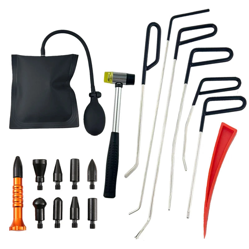 Paintless Dent Repair Kit with dent puller, hand pump, hook rod set, rubber mallet and tip attachments laid out on a white background